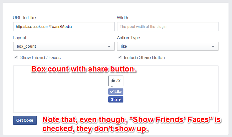 Facebook Like Button BoxCount Layout Share and Without Faces