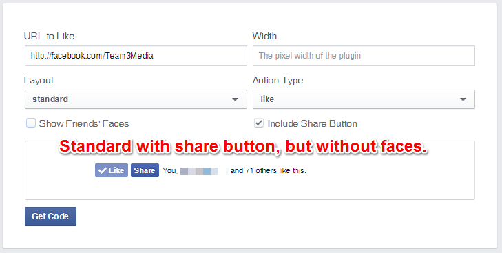 Facebook Like Button Standard Layout With Share And Without Faces