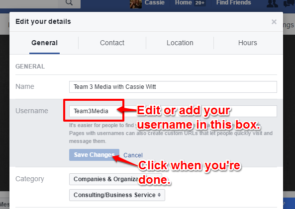 add facebook page username